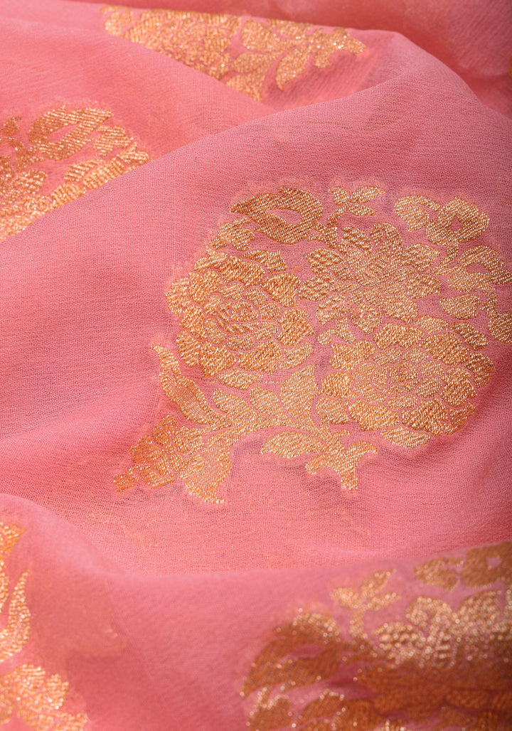 Pink Banarasi Pure Georgette Saree with Elongated Florals with Red Border | SILK MARK CERTIFIED