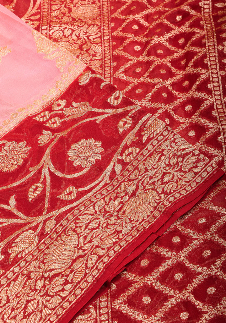 Pink Banarasi Pure Georgette Saree with Elongated Florals with Red Border | SILK MARK CERTIFIED