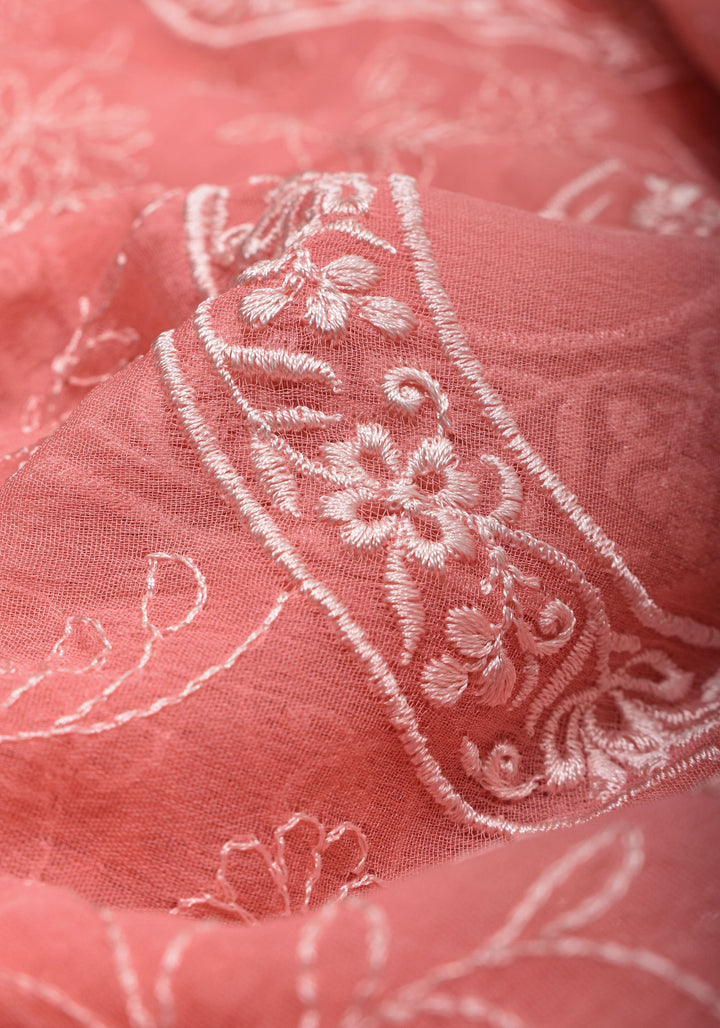Light Pink Banarasi Pure Georgette Saree with machine Embroidered Jaal and Contrast Deep Red Border  | SILK MARK CERTIFIED