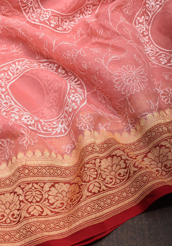 Light Pink Banarasi Pure Georgette Saree with machine Embroidered Jaal and Contrast Deep Red Border  | SILK MARK CERTIFIED