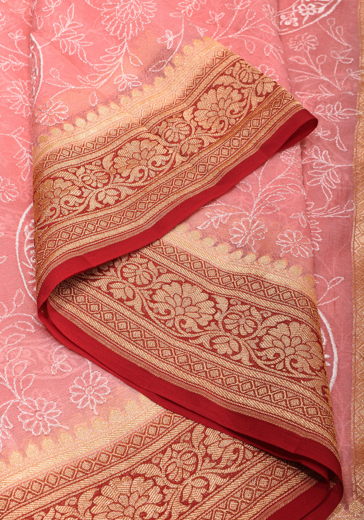 Light Pink Banarasi Pure Georgette Saree with machine Embroidered Jaal and Contrast Deep Red Border  | SILK MARK CERTIFIED