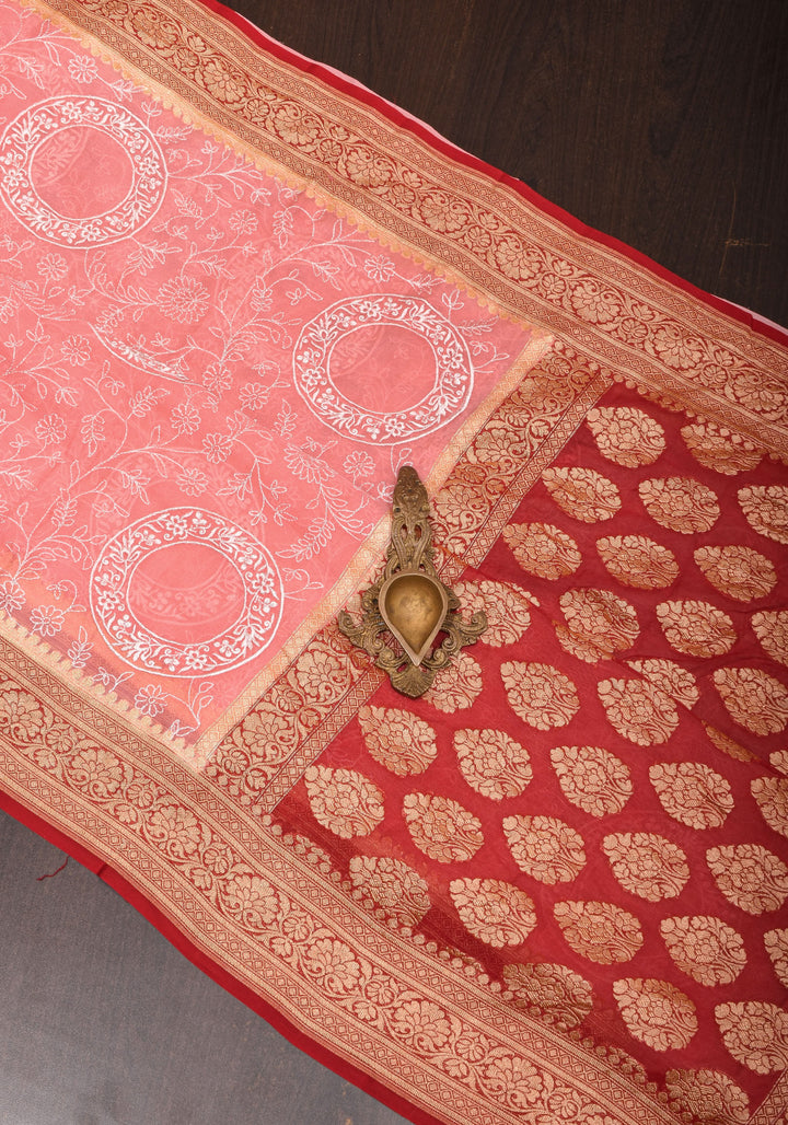Light Pink Banarasi Pure Georgette Saree with machine Embroidered Jaal and Contrast Deep Red Border  | SILK MARK CERTIFIED