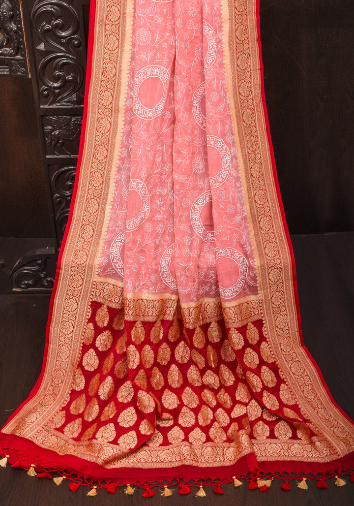 Light Pink Banarasi Pure Georgette Saree with machine Embroidered Jaal and Contrast Deep Red Border  | SILK MARK CERTIFIED