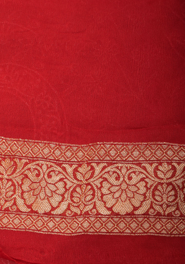 Light Pink Banarasi Pure Georgette Saree with machine Embroidered Jaal and Contrast Deep Red Border  | SILK MARK CERTIFIED