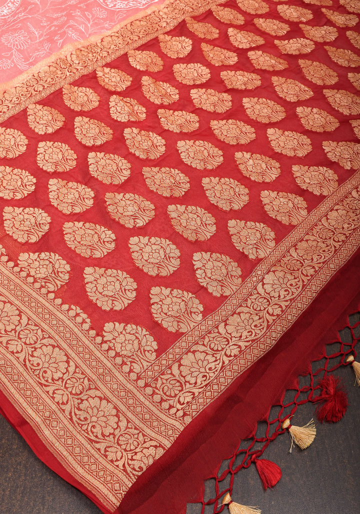 Light Pink Banarasi Pure Georgette Saree with machine Embroidered Jaal and Contrast Deep Red Border  | SILK MARK CERTIFIED