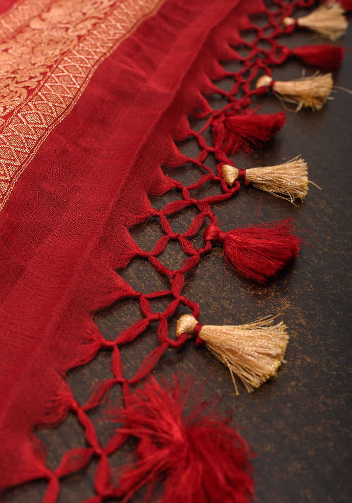 Light Pink Banarasi Pure Georgette Saree with machine Embroidered Jaal and Contrast Deep Red Border  | SILK MARK CERTIFIED