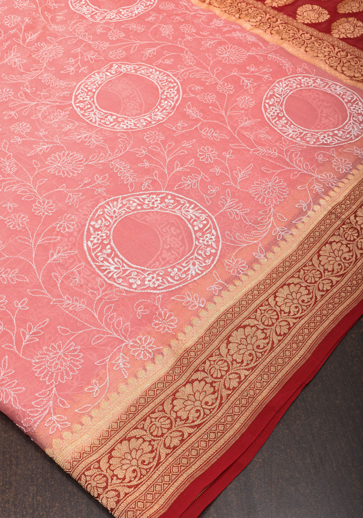 Light Pink Banarasi Pure Georgette Saree with machine Embroidered Jaal and Contrast Deep Red Border  | SILK MARK CERTIFIED