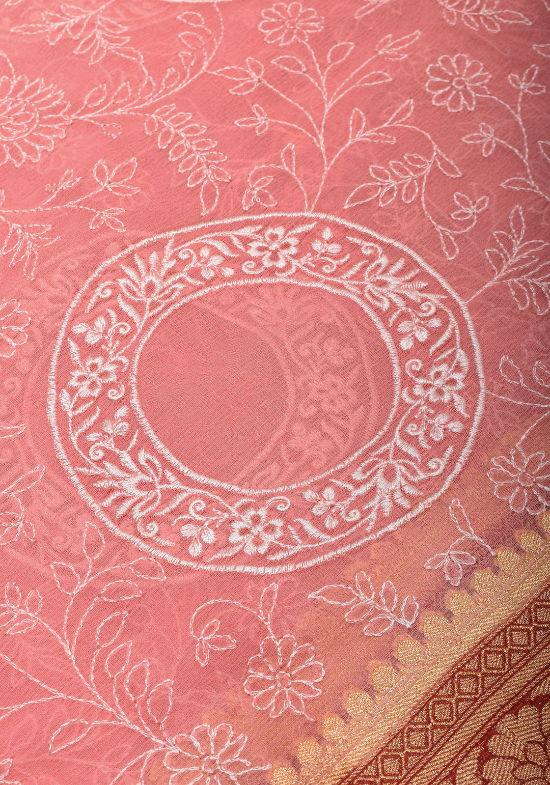 Light Pink Banarasi Pure Georgette Saree with machine Embroidered Jaal and Contrast Deep Red Border  | SILK MARK CERTIFIED