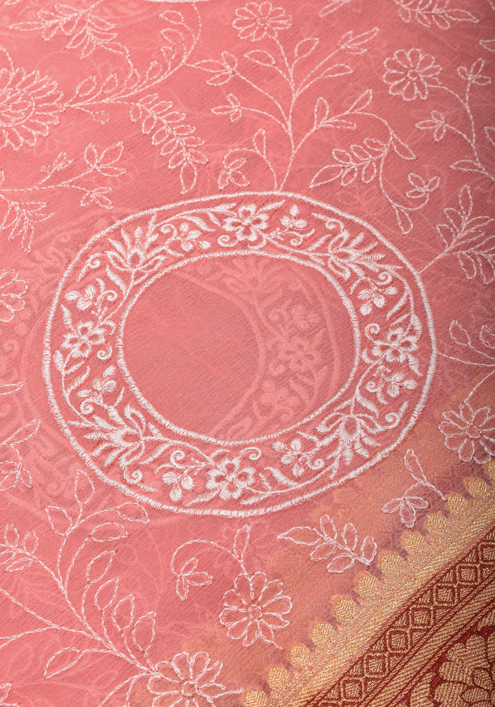 Light Pink Banarasi Pure Georgette Saree with machine Embroidered Jaal and Contrast Deep Red Border  | SILK MARK CERTIFIED