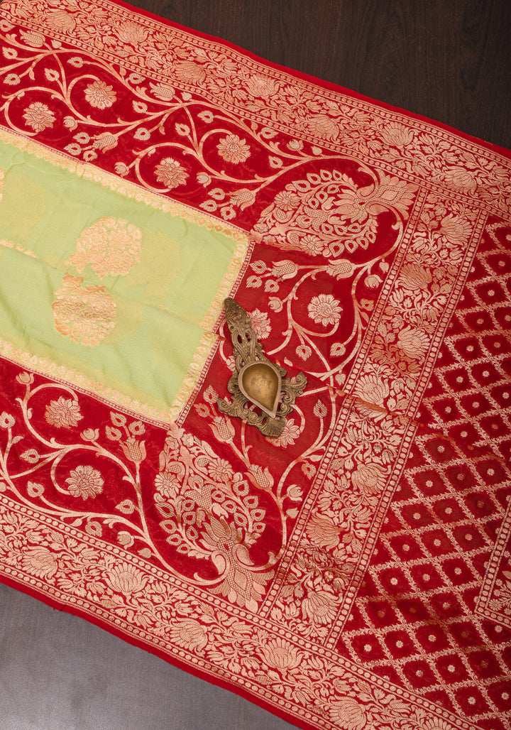 Pista Green Banarasi Pure Georgette Saree with Floral with Red Border  | SILK MARK CERTIFIED
