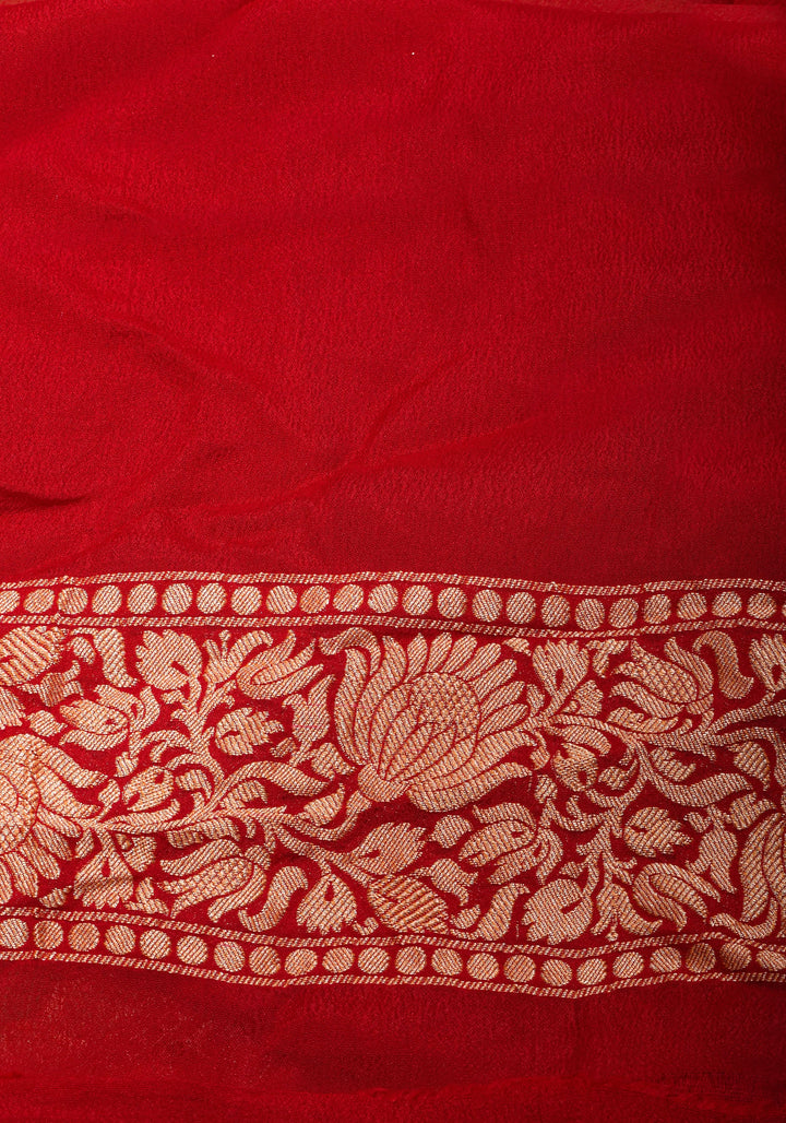 Pista Green Banarasi Pure Georgette Saree with Floral with Red Border  | SILK MARK CERTIFIED