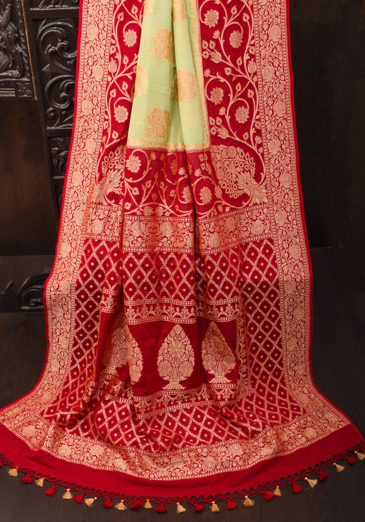Pista Green Banarasi Pure Georgette Saree with Floral with Red Border  | SILK MARK CERTIFIED
