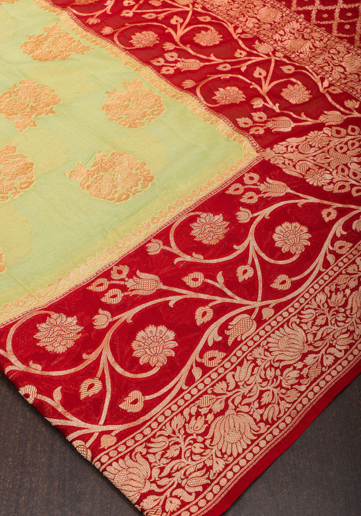 Pista Green Banarasi Pure Georgette Saree with Floral with Red Border  | SILK MARK CERTIFIED