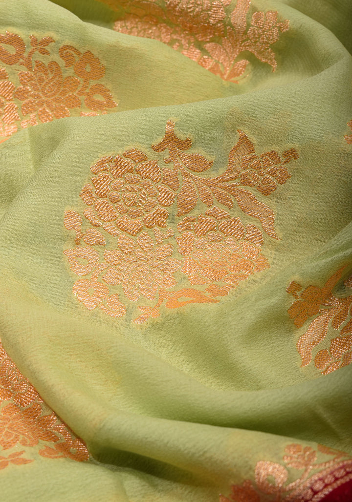 Pista Green Banarasi Pure Georgette Saree with Floral with Red Border  | SILK MARK CERTIFIED