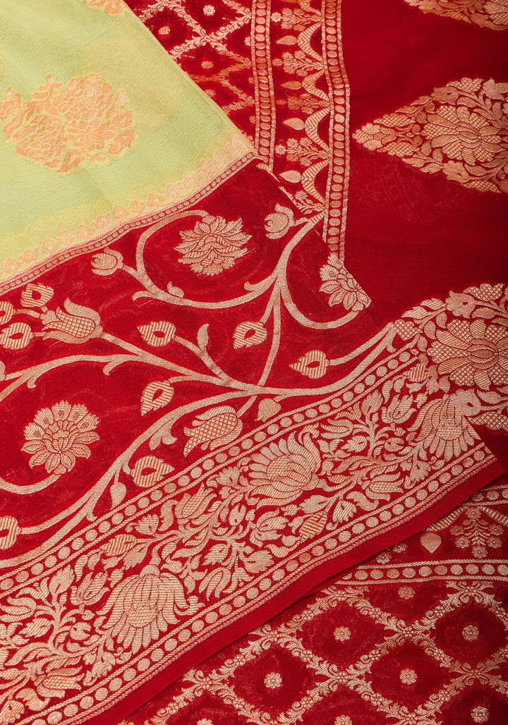 Pista Green Banarasi Pure Georgette Saree with Floral with Red Border  | SILK MARK CERTIFIED
