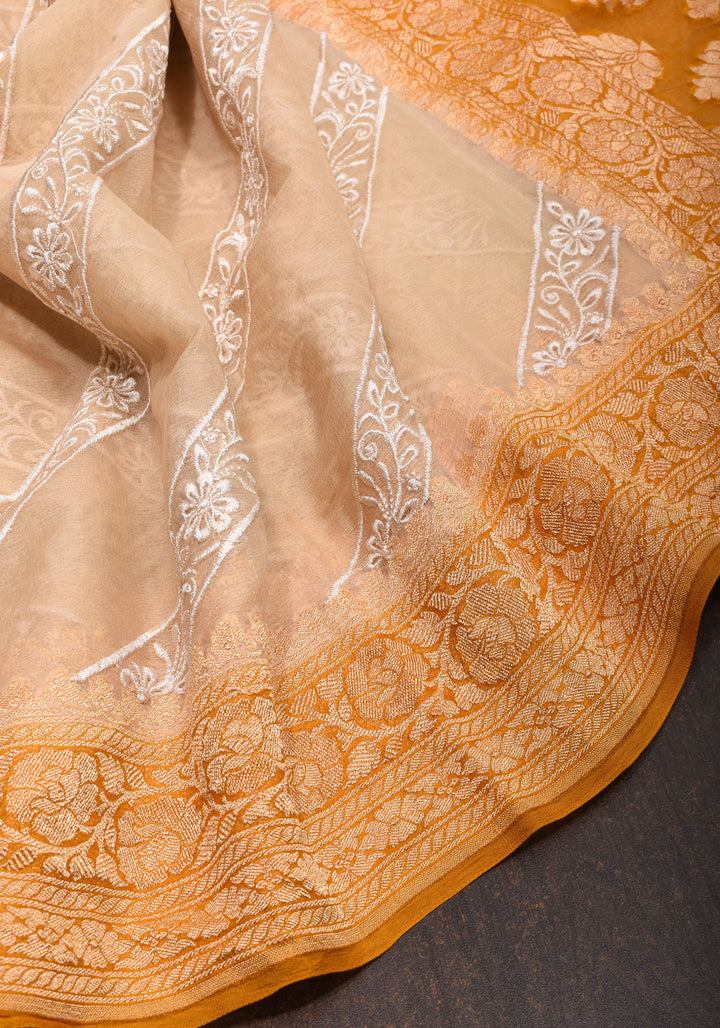 Light Beige  Pure Banarasi Georgette Saree with machine Embroidered Leheria Jaal  and Contrast Mustard Border | SILK MARK CERTIFIED