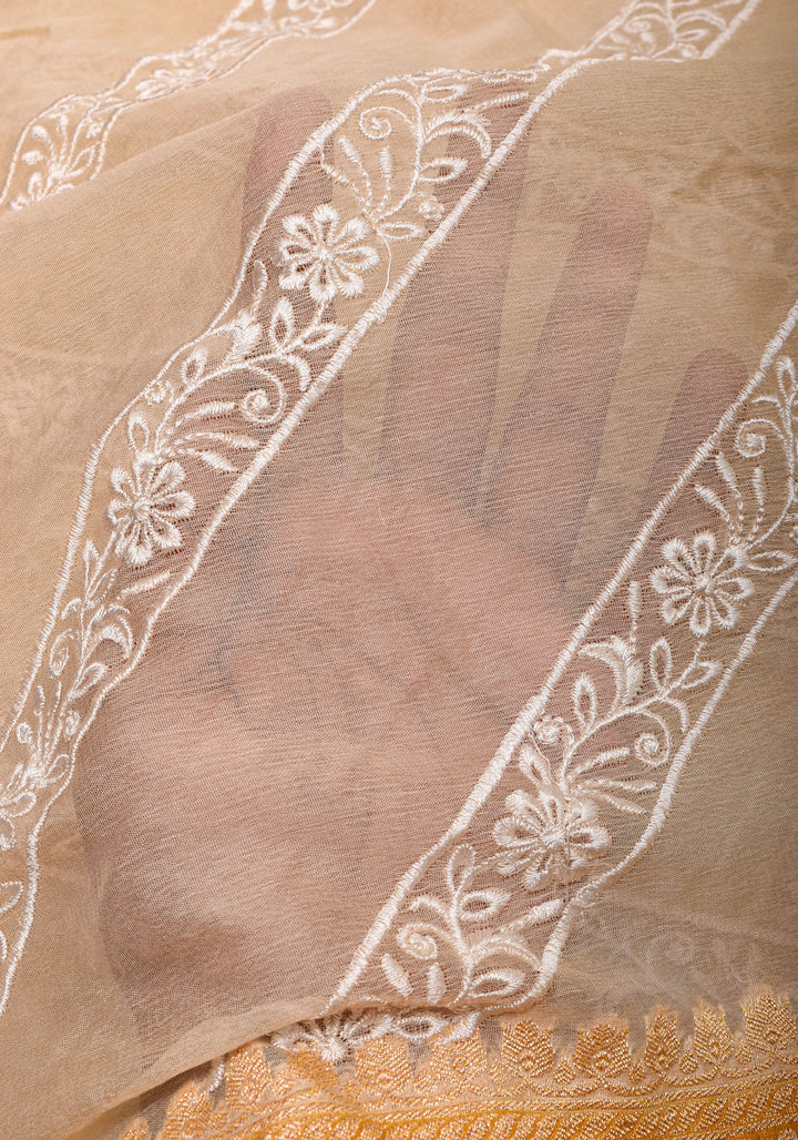 Light Beige  Pure Banarasi Georgette Saree with machine Embroidered Leheria Jaal  and Contrast Mustard Border | SILK MARK CERTIFIED