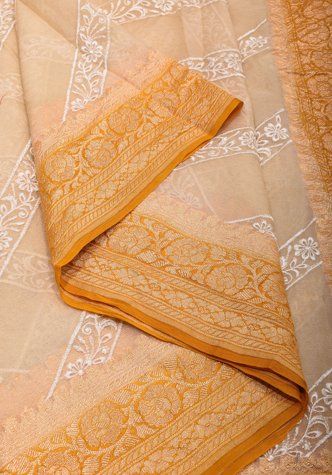 Light Beige  Pure Banarasi Georgette Saree with machine Embroidered Leheria Jaal  and Contrast Mustard Border | SILK MARK CERTIFIED