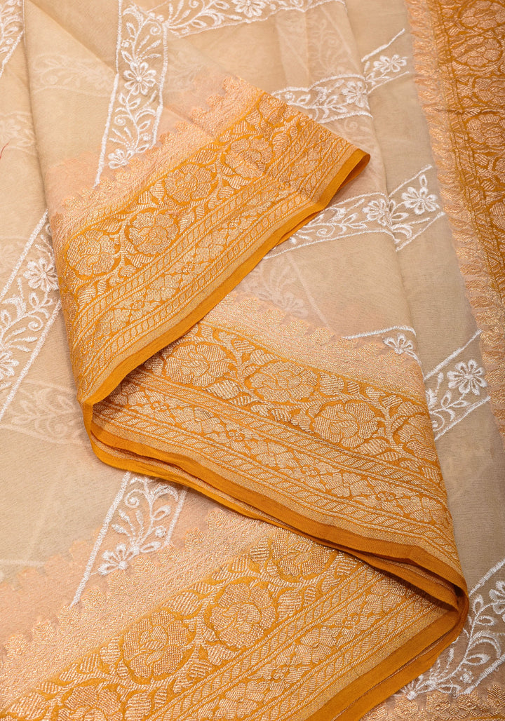 Light Beige  Pure Banarasi Georgette Saree with machine Embroidered Leheria Jaal  and Contrast Mustard Border | SILK MARK CERTIFIED