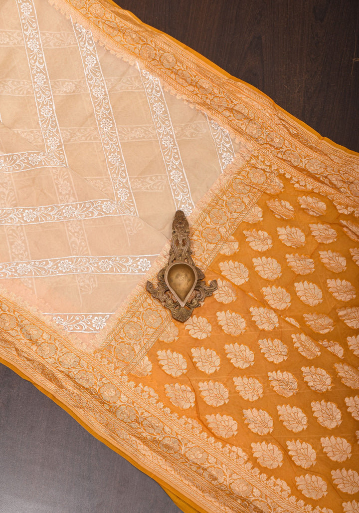 Light Beige  Pure Banarasi Georgette Saree with machine Embroidered Leheria Jaal  and Contrast Mustard Border | SILK MARK CERTIFIED