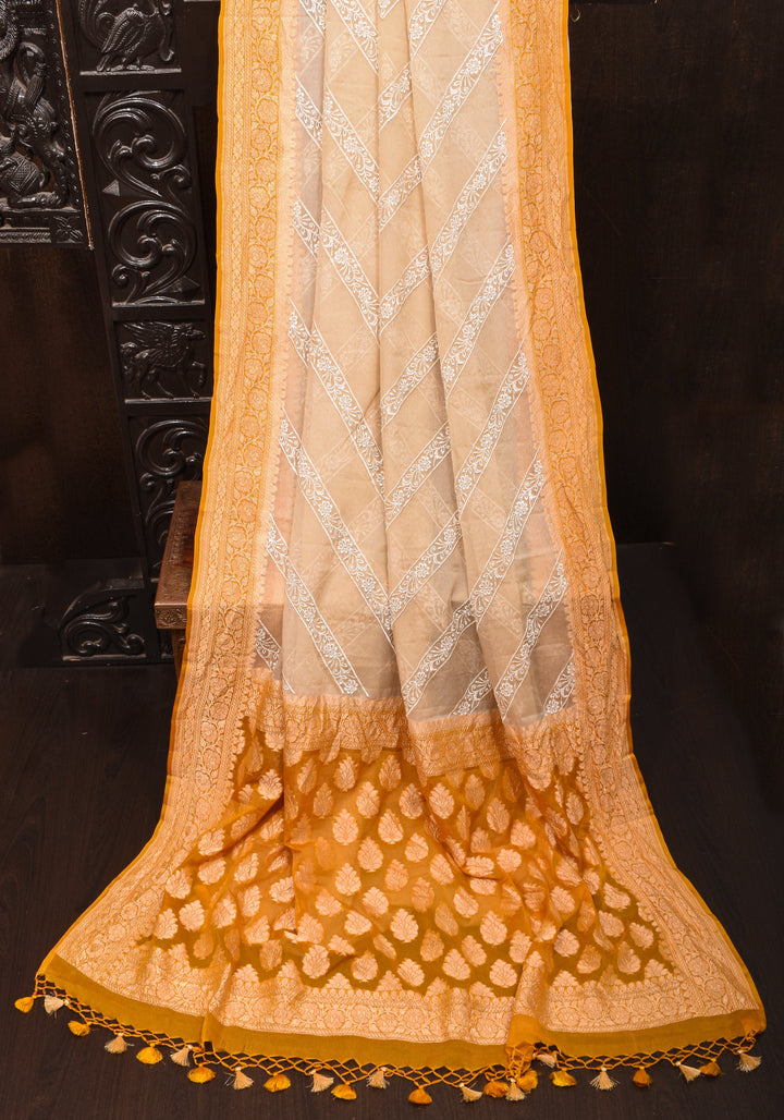 Light Beige  Pure Banarasi Georgette Saree with machine Embroidered Leheria Jaal  and Contrast Mustard Border | SILK MARK CERTIFIED