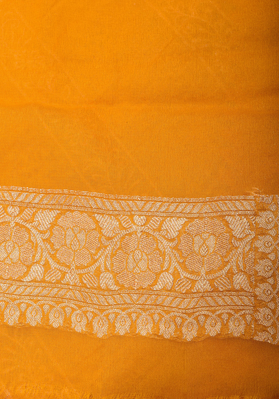 Light Beige  Pure Banarasi Georgette Saree with machine Embroidered Leheria Jaal  and Contrast Mustard Border | SILK MARK CERTIFIED