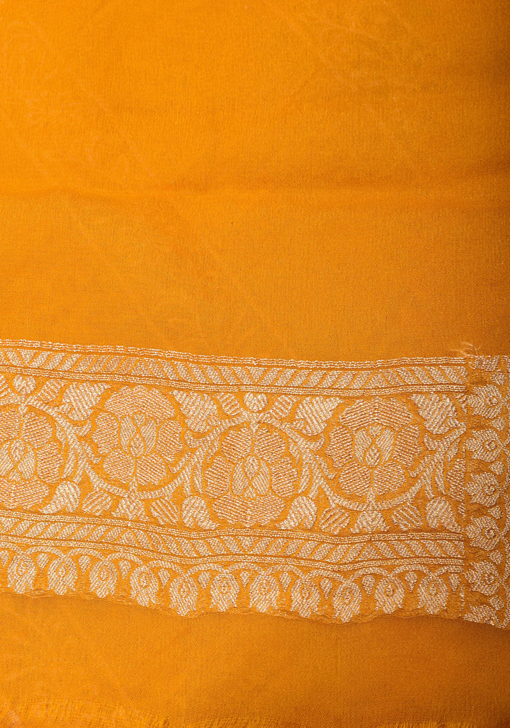 Light Beige  Pure Banarasi Georgette Saree with machine Embroidered Leheria Jaal  and Contrast Mustard Border | SILK MARK CERTIFIED