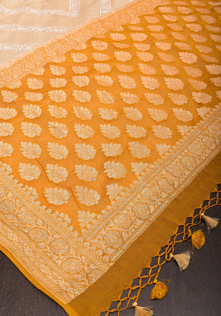 Light Beige  Pure Banarasi Georgette Saree with machine Embroidered Leheria Jaal  and Contrast Mustard Border | SILK MARK CERTIFIED