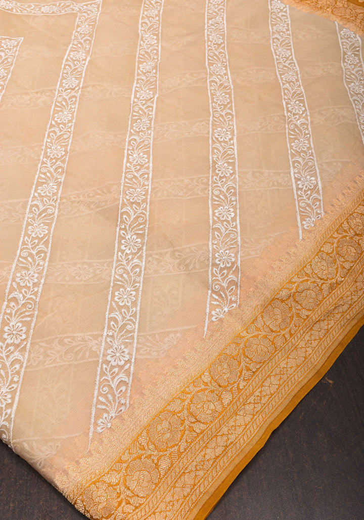 Light Beige  Pure Banarasi Georgette Saree with machine Embroidered Leheria Jaal  and Contrast Mustard Border | SILK MARK CERTIFIED
