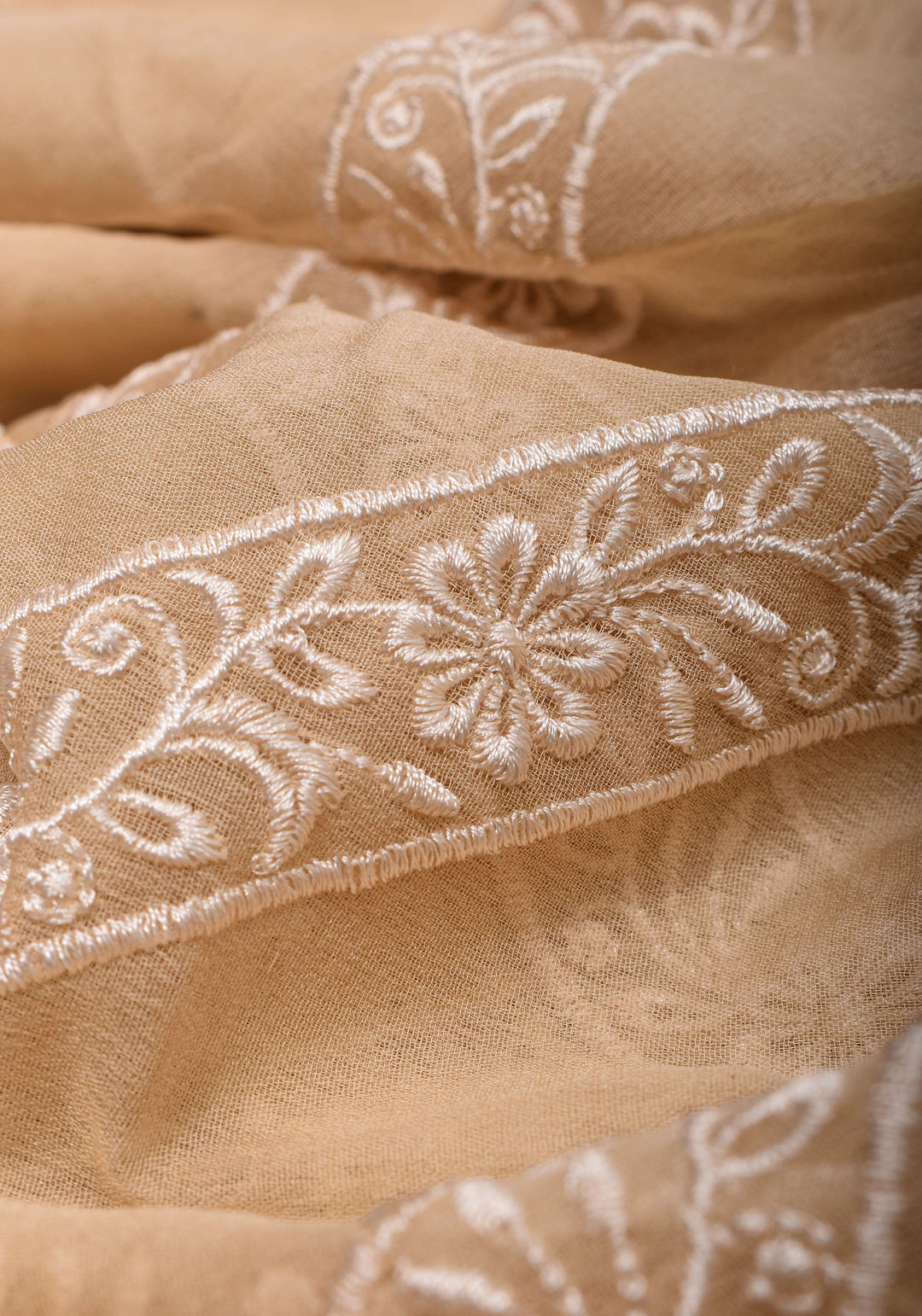 Light Beige  Pure Banarasi Georgette Saree with machine Embroidered Leheria Jaal  and Contrast Mustard Border | SILK MARK CERTIFIED