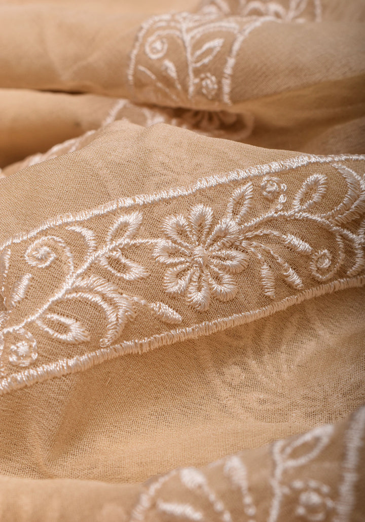 Light Beige  Pure Banarasi Georgette Saree with machine Embroidered Leheria Jaal  and Contrast Mustard Border | SILK MARK CERTIFIED