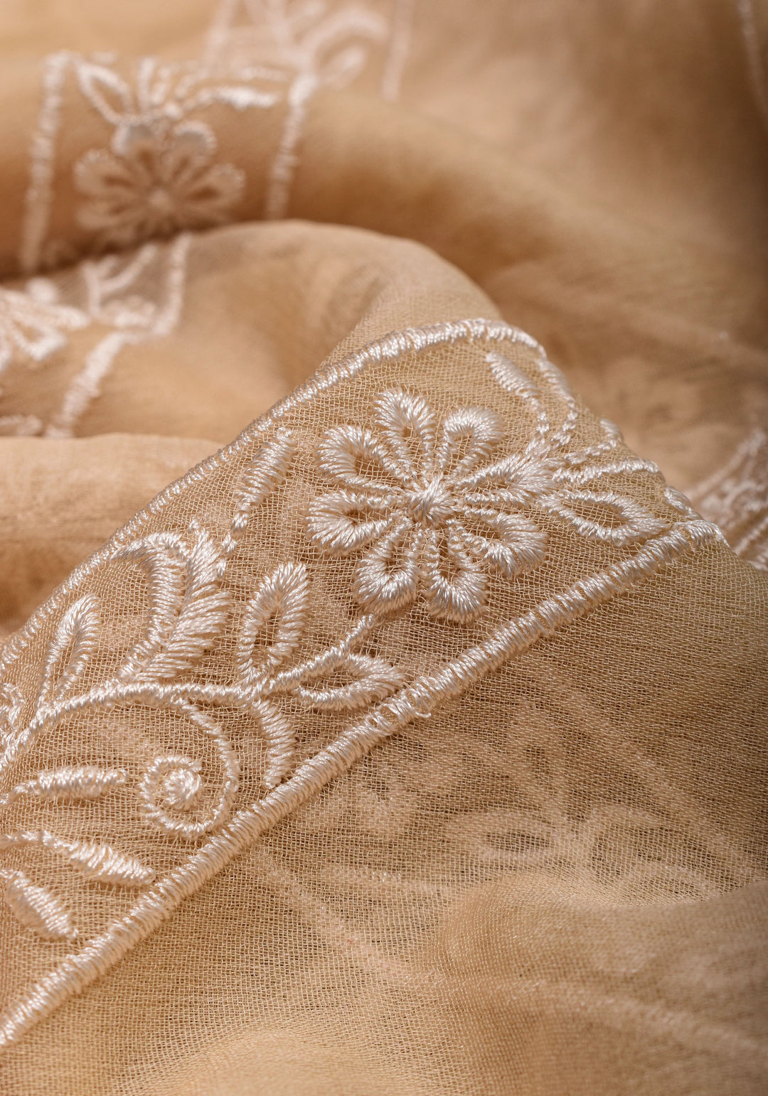 Light Beige  Pure Banarasi Georgette Saree with machine Embroidered Leheria Jaal  and Contrast Mustard Border | SILK MARK CERTIFIED