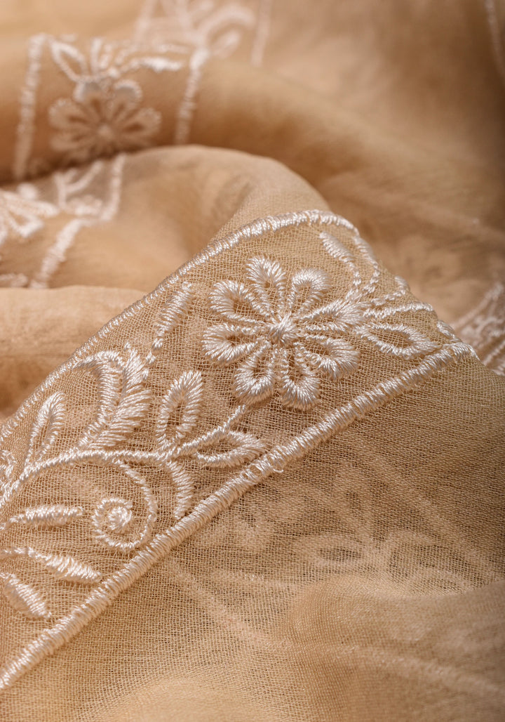 Light Beige  Pure Banarasi Georgette Saree with machine Embroidered Leheria Jaal  and Contrast Mustard Border | SILK MARK CERTIFIED