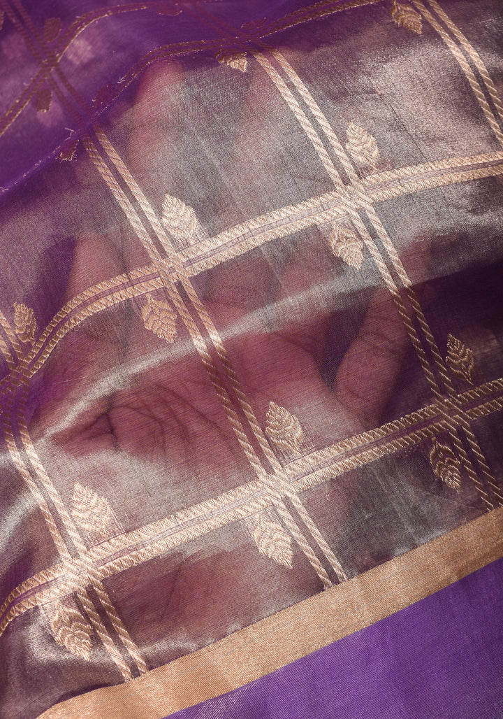 Amethyst Tissue kadhuwa Zari Checks  Pure Silk Banarasi Saree with Plain Border  | SILK MARK CERTIFIED