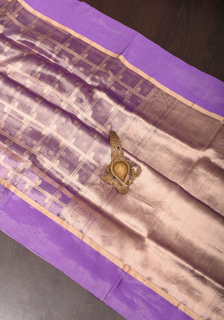 Amethyst Tissue kadhuwa Zari Checks  Pure Silk Banarasi Saree with Plain Border  | SILK MARK CERTIFIED