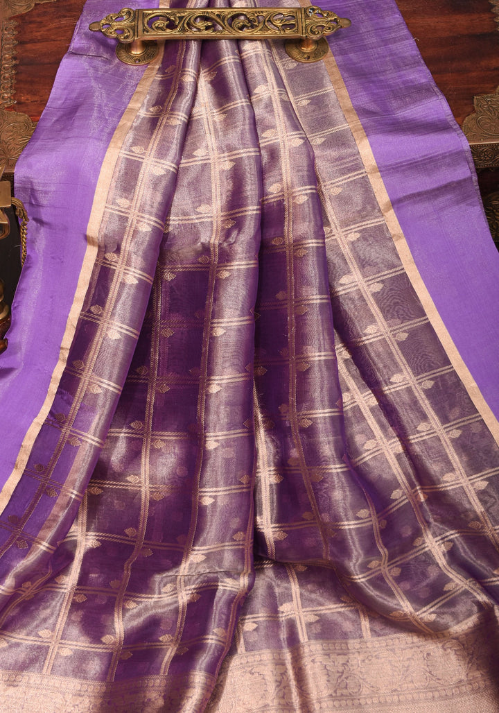 Amethyst Tissue kadhuwa Zari Checks  Pure Silk Banarasi Saree with Plain Border  | SILK MARK CERTIFIED