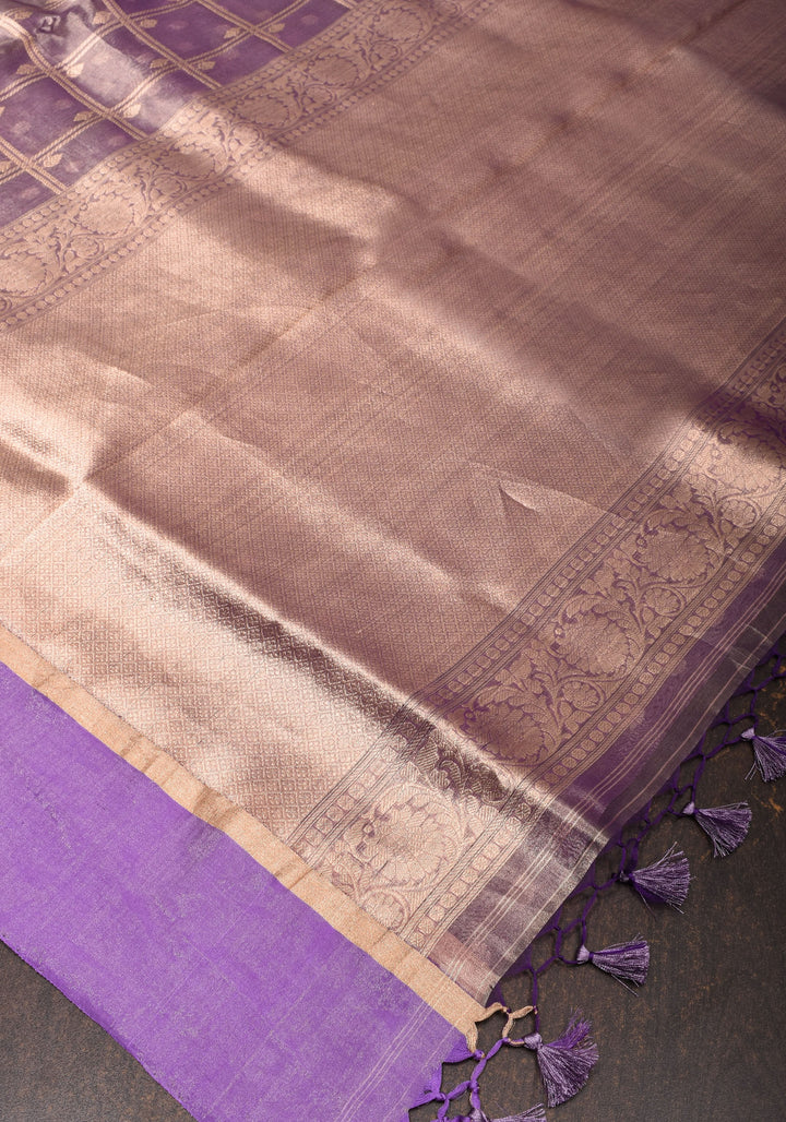 Amethyst Tissue kadhuwa Zari Checks  Pure Silk Banarasi Saree with Plain Border  | SILK MARK CERTIFIED