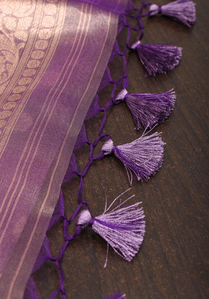 Amethyst Tissue kadhuwa Zari Checks  Pure Silk Banarasi Saree with Plain Border  | SILK MARK CERTIFIED