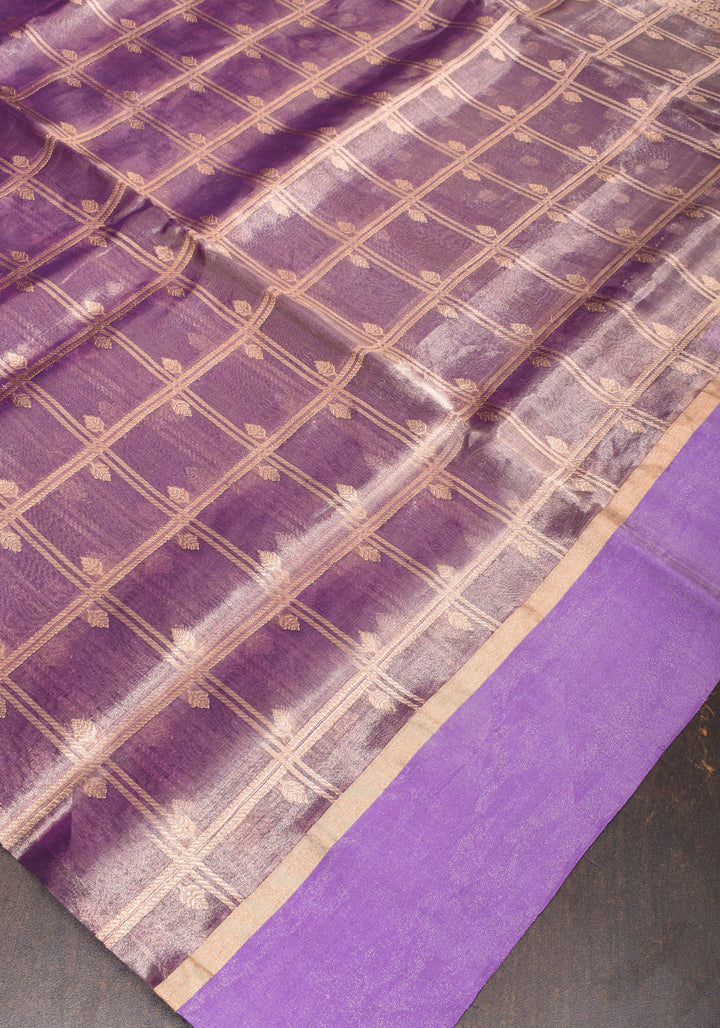 Amethyst Tissue kadhuwa Zari Checks  Pure Silk Banarasi Saree with Plain Border  | SILK MARK CERTIFIED