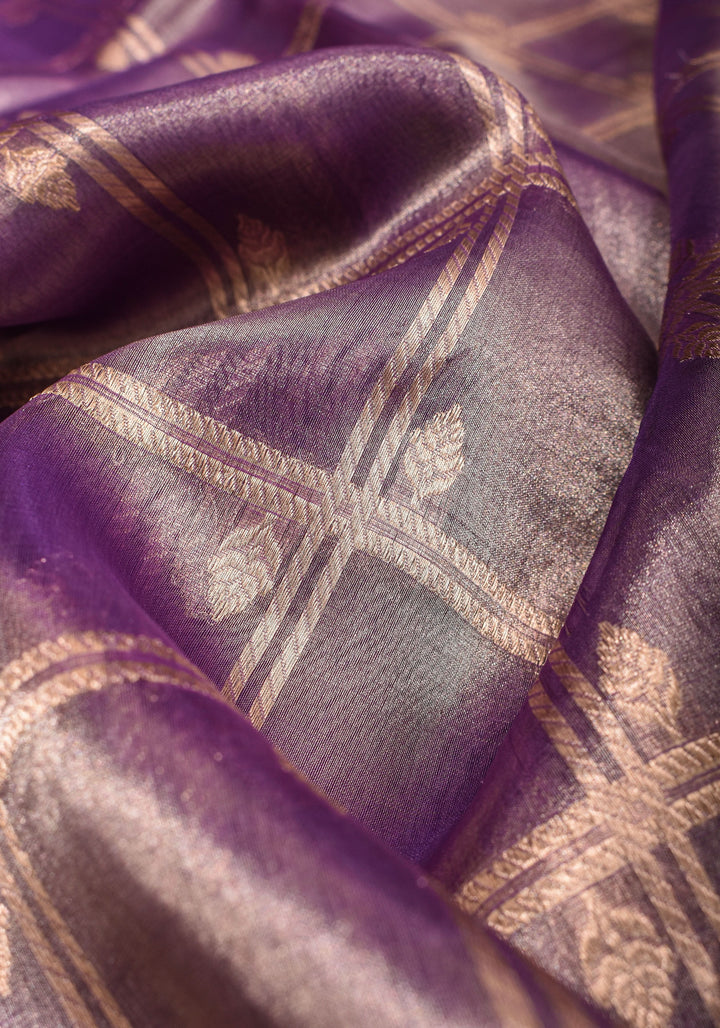 Amethyst Tissue kadhuwa Zari Checks  Pure Silk Banarasi Saree with Plain Border  | SILK MARK CERTIFIED