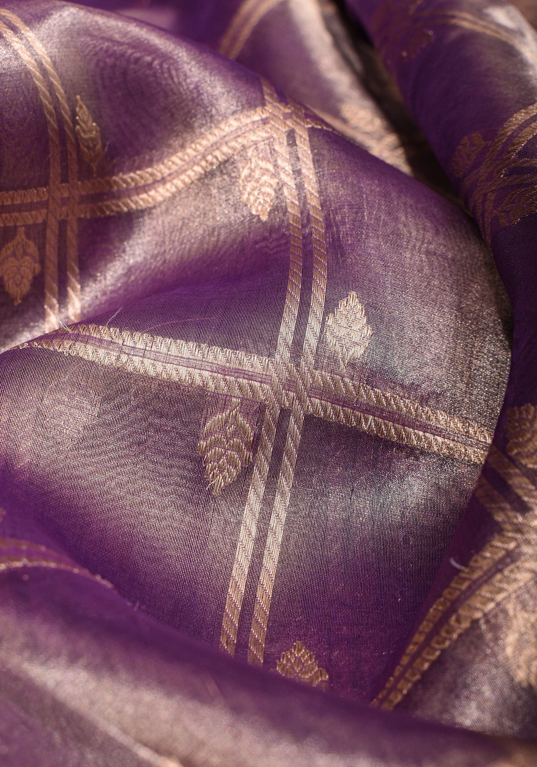 Amethyst Tissue kadhuwa Zari Checks  Pure Silk Banarasi Saree with Plain Border  | SILK MARK CERTIFIED
