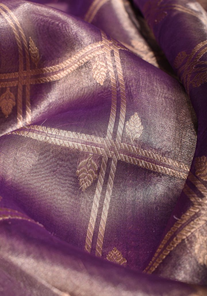 Amethyst Tissue kadhuwa Zari Checks  Pure Silk Banarasi Saree with Plain Border  | SILK MARK CERTIFIED