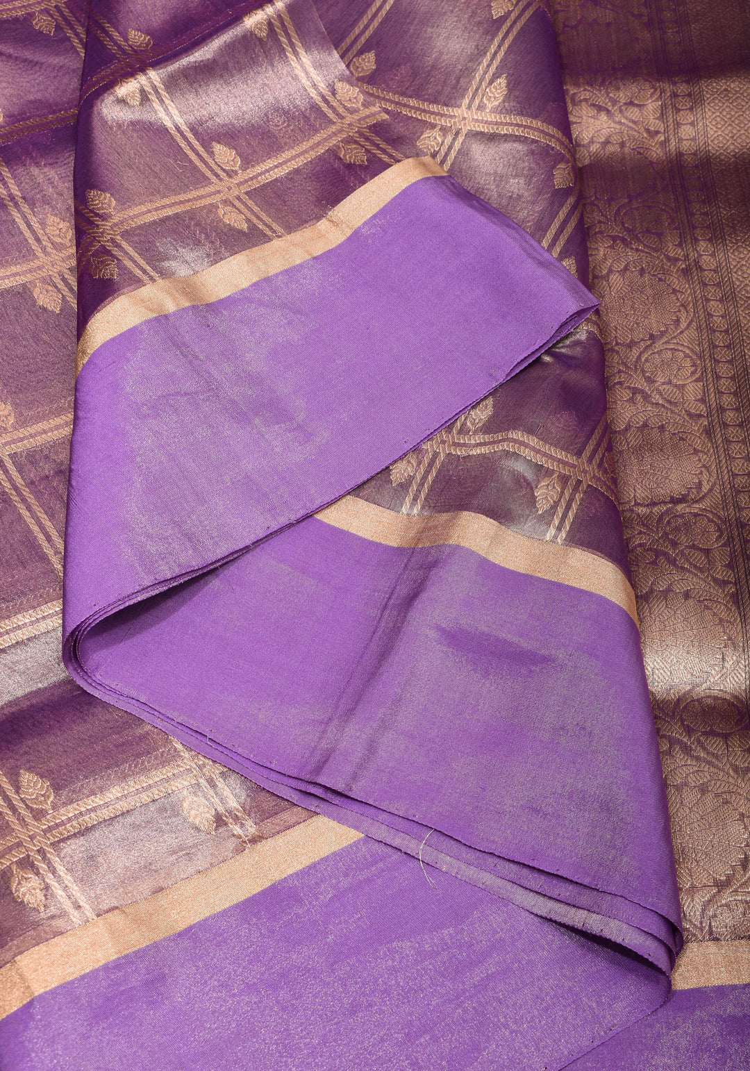 Amethyst Tissue kadhuwa Zari Checks  Pure Silk Banarasi Saree with Plain Border  | SILK MARK CERTIFIED