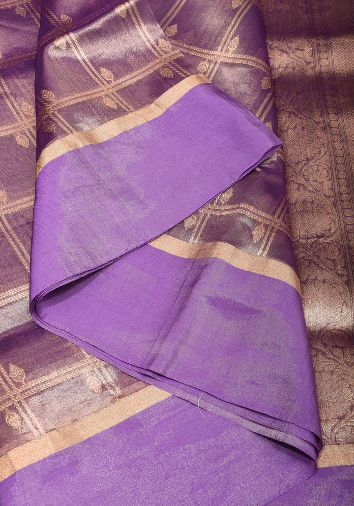 Amethyst Tissue kadhuwa Zari Checks  Pure Silk Banarasi Saree with Plain Border  | SILK MARK CERTIFIED