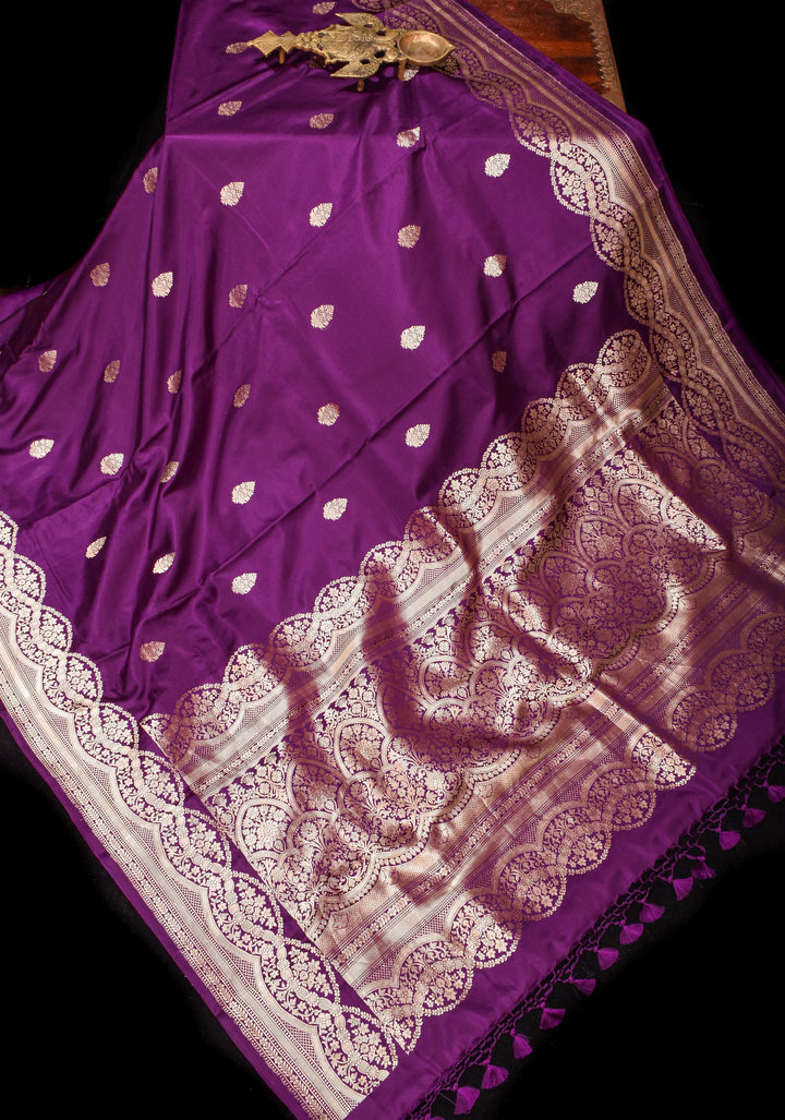 Banarasi Mashru Silk Saree in Plum with Zari Buttas and Scalloped border | SILK MARK CERTIFIED
