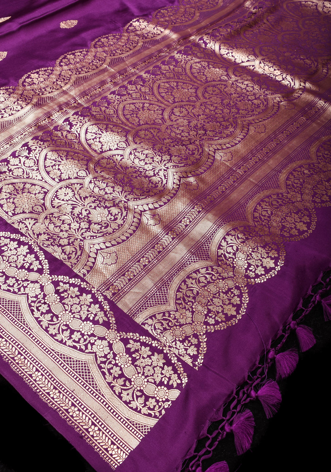Banarasi Mashru Silk Saree in Plum with Zari Buttas and Scalloped border | SILK MARK CERTIFIED