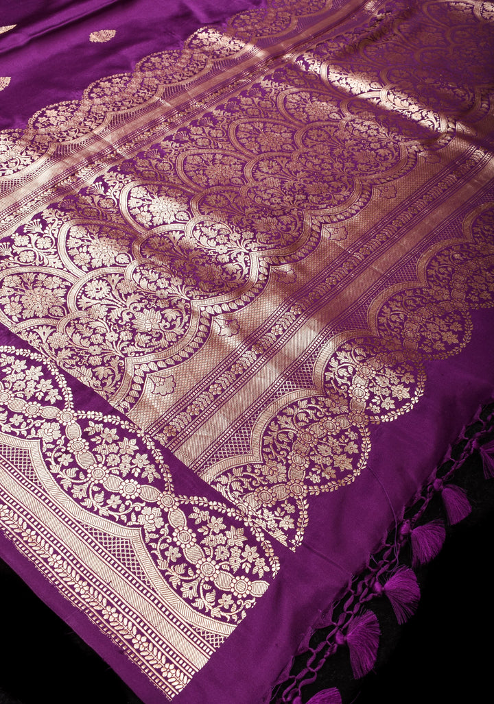 Banarasi Mashru Silk Saree in Plum with Zari Buttas and Scalloped border | SILK MARK CERTIFIED