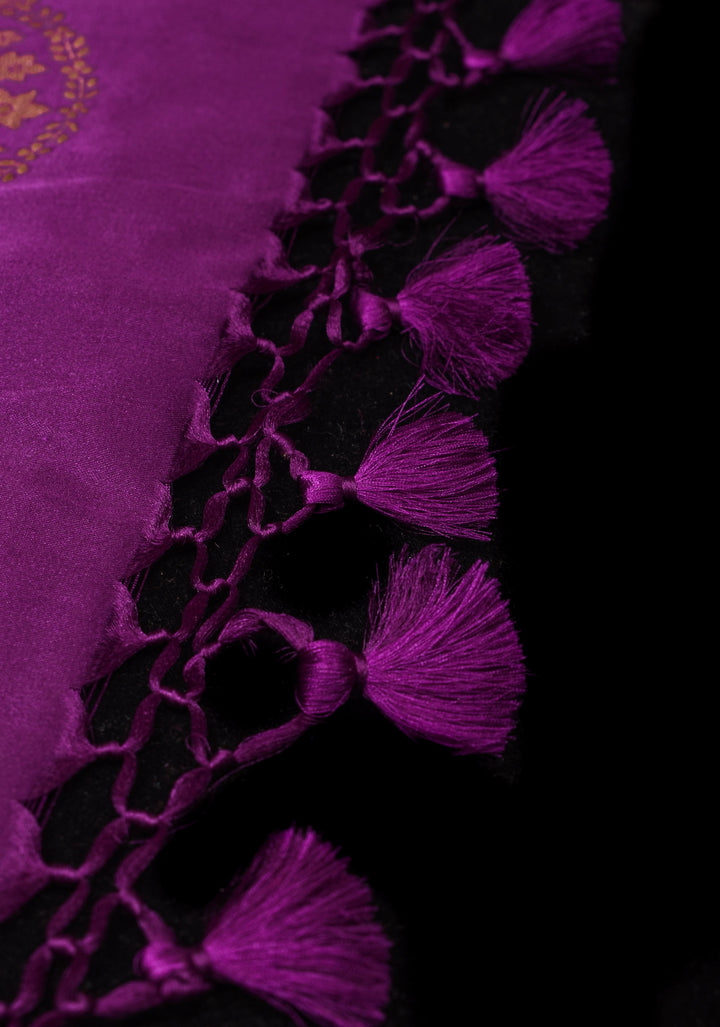 Banarasi Mashru Silk Saree in Plum with Zari Buttas and Scalloped border | SILK MARK CERTIFIED