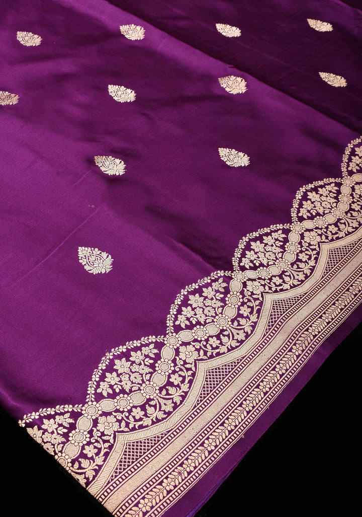 Banarasi Mashru Silk Saree in Plum with Zari Buttas and Scalloped border | SILK MARK CERTIFIED