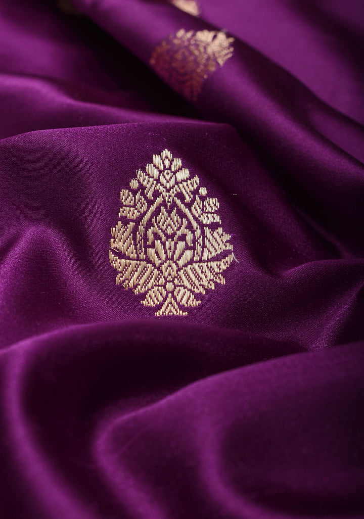 Banarasi Mashru Silk Saree in Plum with Zari Buttas and Scalloped border | SILK MARK CERTIFIED